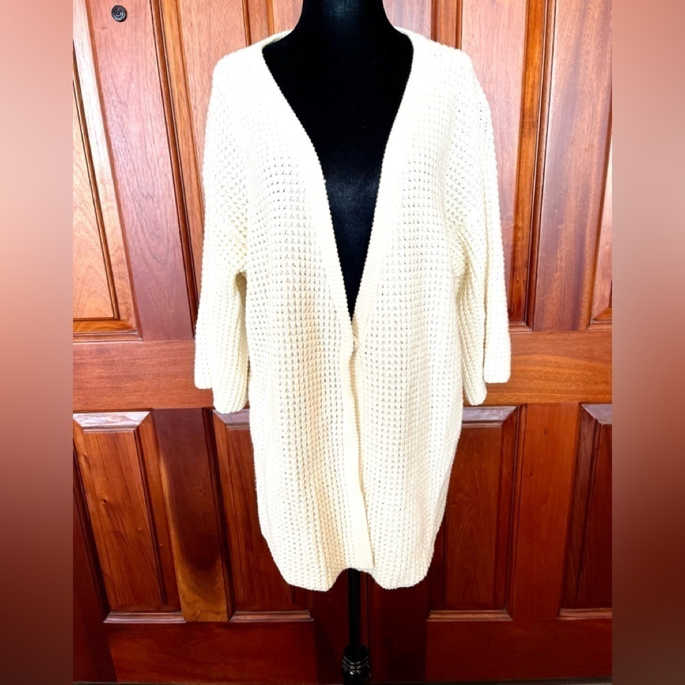 Lands’ End Cream Basket Weave Cardigan 3/4 Sleeve Sz 1x 16w-18w One Snap